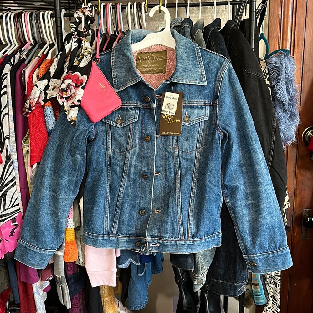 Rustic Denim Jacket, size small, lined pink warm,
